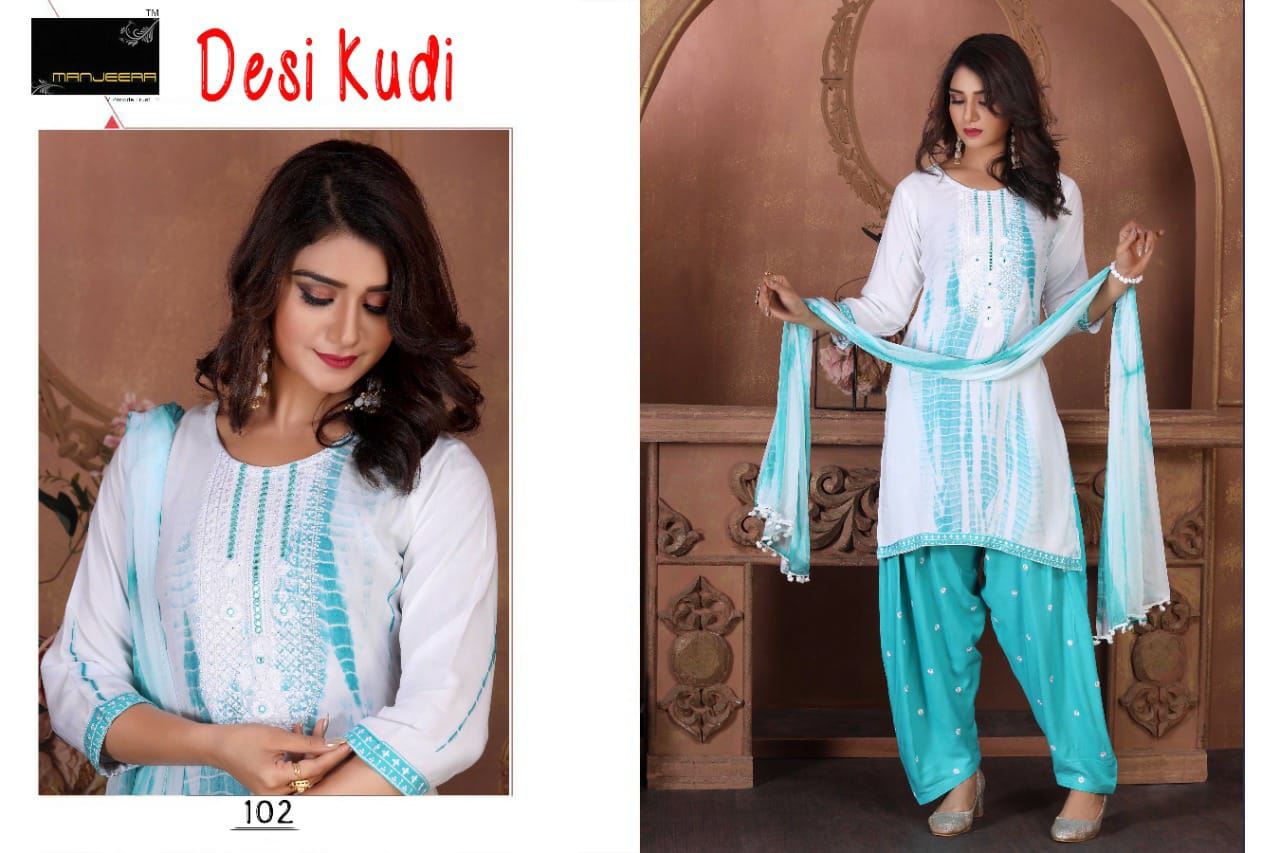 Manjeera Desi Kudi Rayon Patiyala Ready Made Wholesale Suit Collection